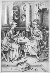 Pareja jugando a las cartas c.1500